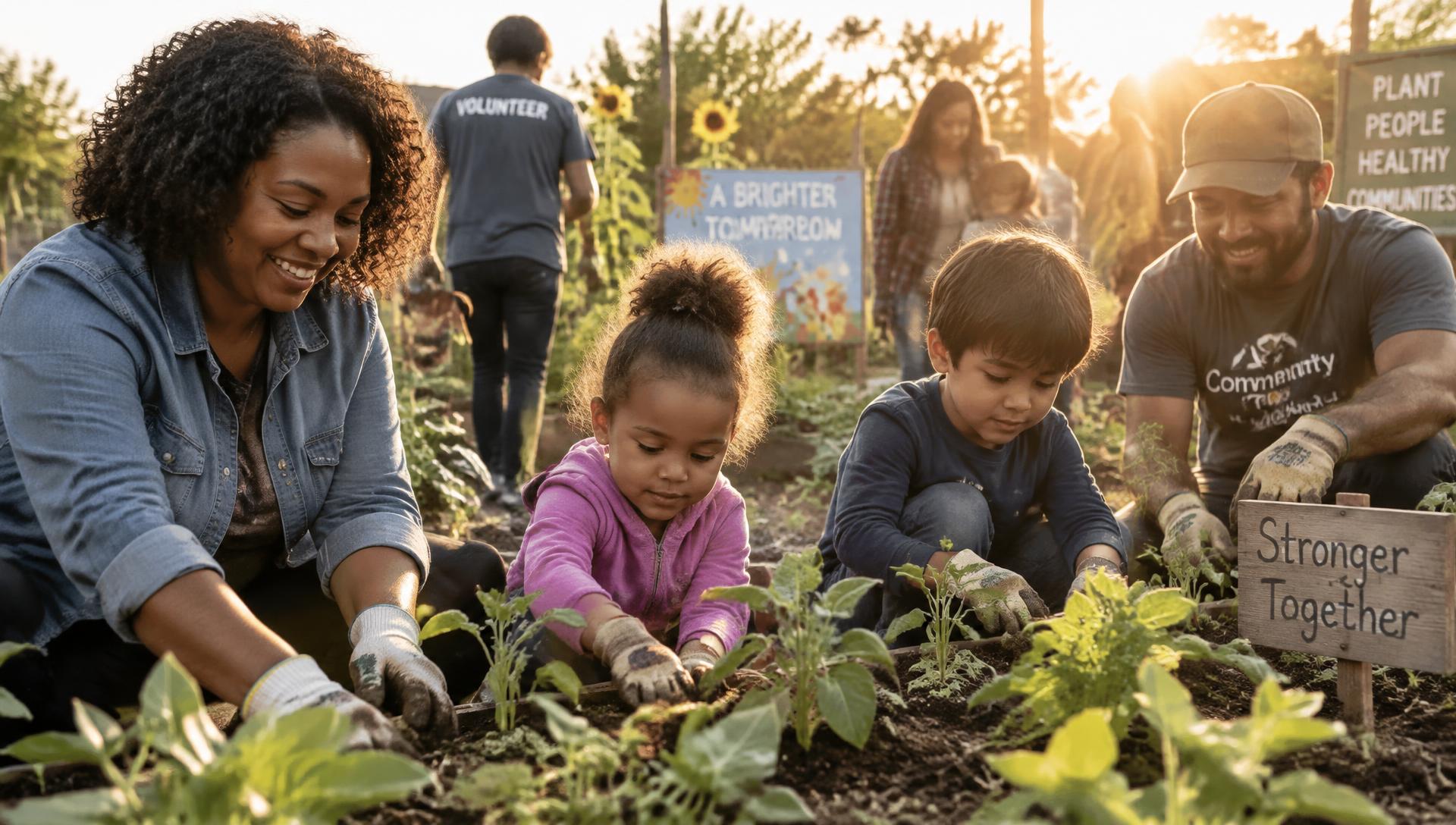 Volunteers and families planting together in a community garden at sunset